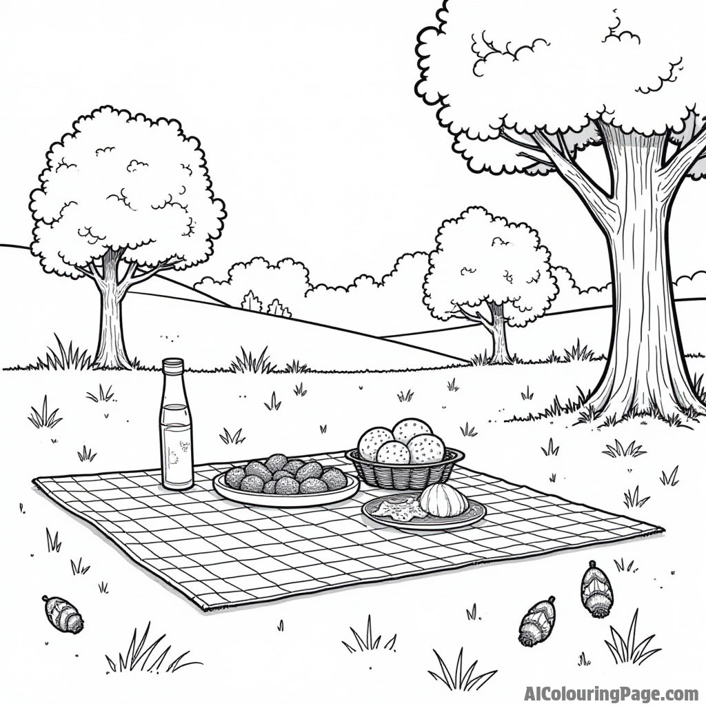 A charming picnic scene in a park with a checkered blanket, delicious food, and children playing games nearby