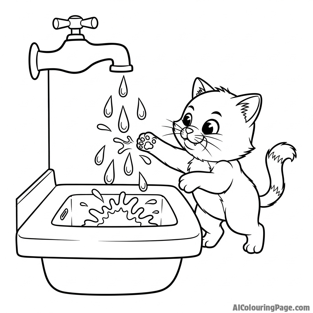 A cat batting at water droplets from a leaky faucet.