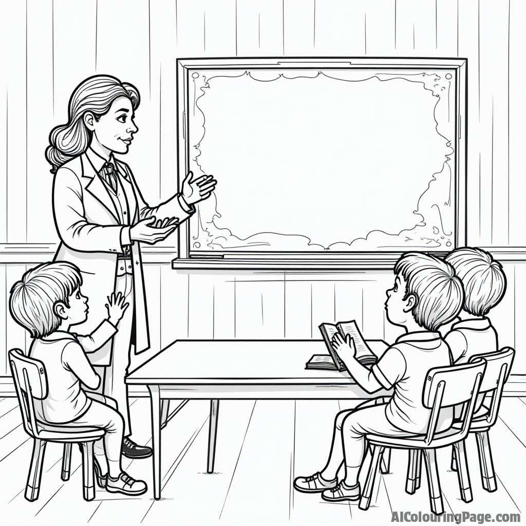 A whimsical classroom scene with a teacher telling stories about presidents, with children raising their hands, books open, and a blackboard filled with historical facts to color.