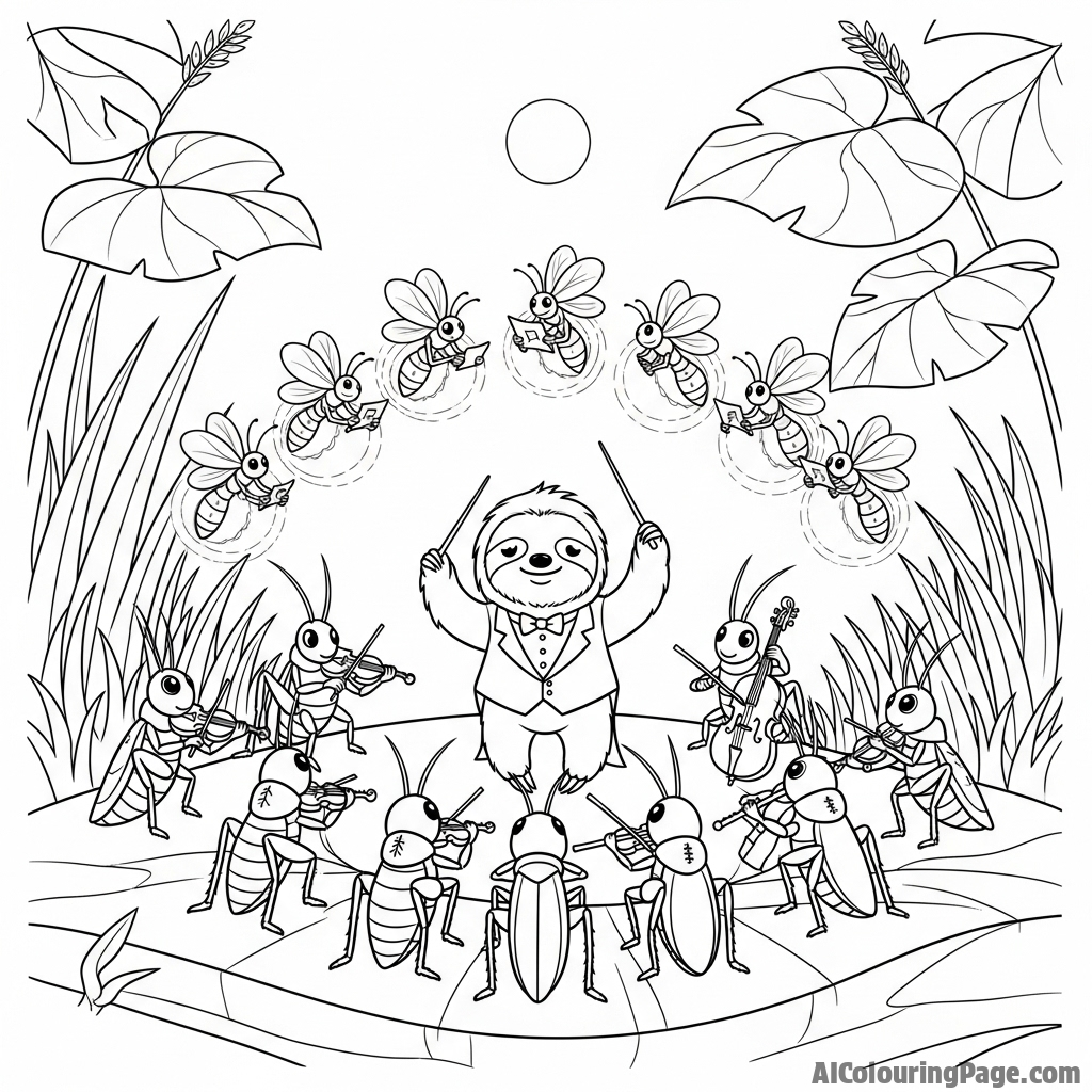 A sloth conducting an orchestra of crickets and fireflies at dusk.