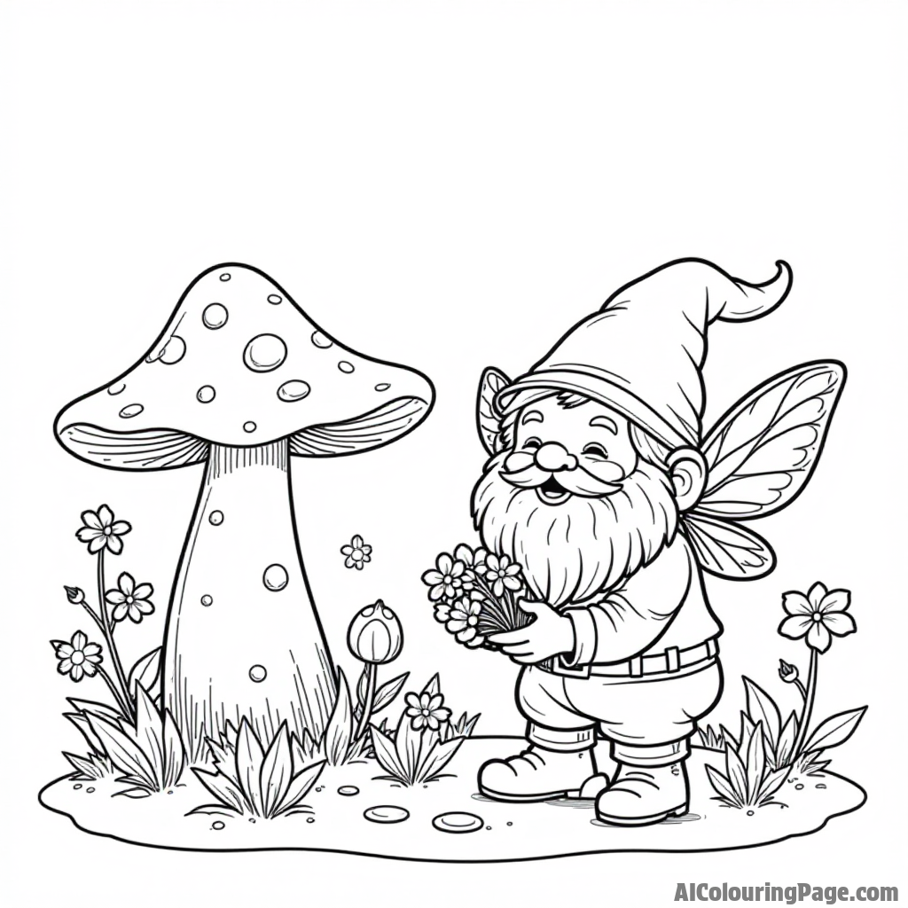 A gnome planting colorful flowers in a magical garden with a whimsical mushroom and a sparkling fairy nearby for coloring.