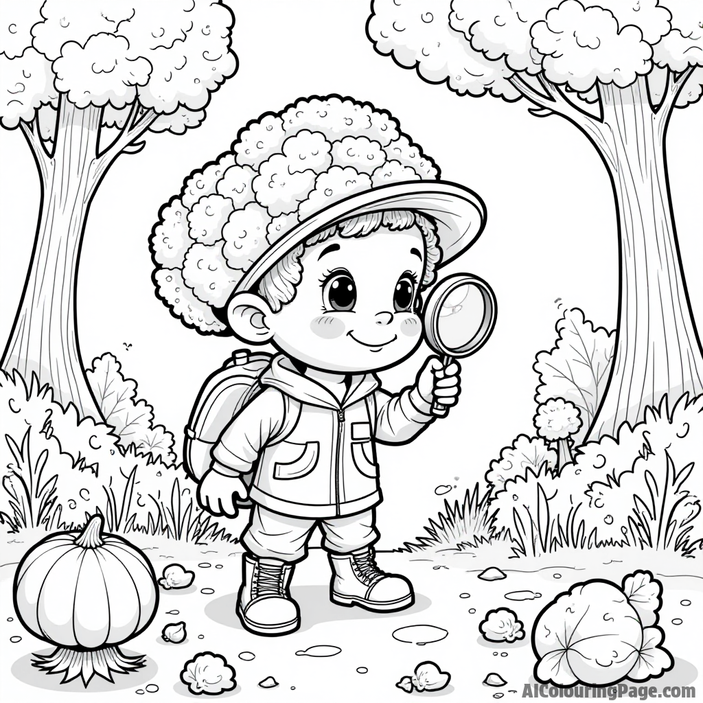 A broccoli explorer with a magnifying glass discovering hidden treasures in a magical vegetable forest filled with surprises.