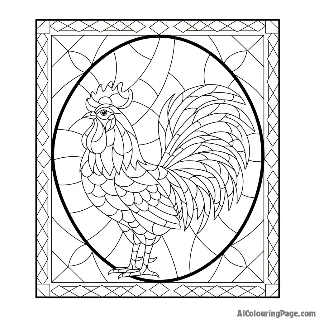 A stained-glass window design featuring a stylized rooster.