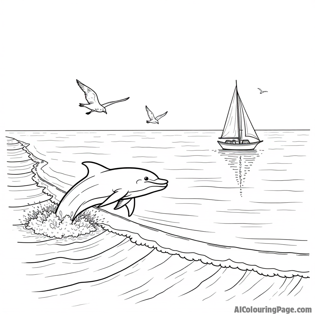 A tranquil seaside scene featuring a dolphin jumping over waves, a sailboat in the distance, and seagulls flying.