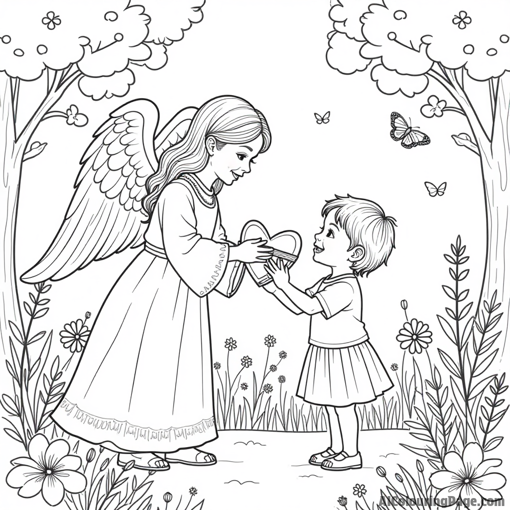 An angel offering a heart-shaped gift to a joyful child in a colorful park filled with butterflies and flowers.