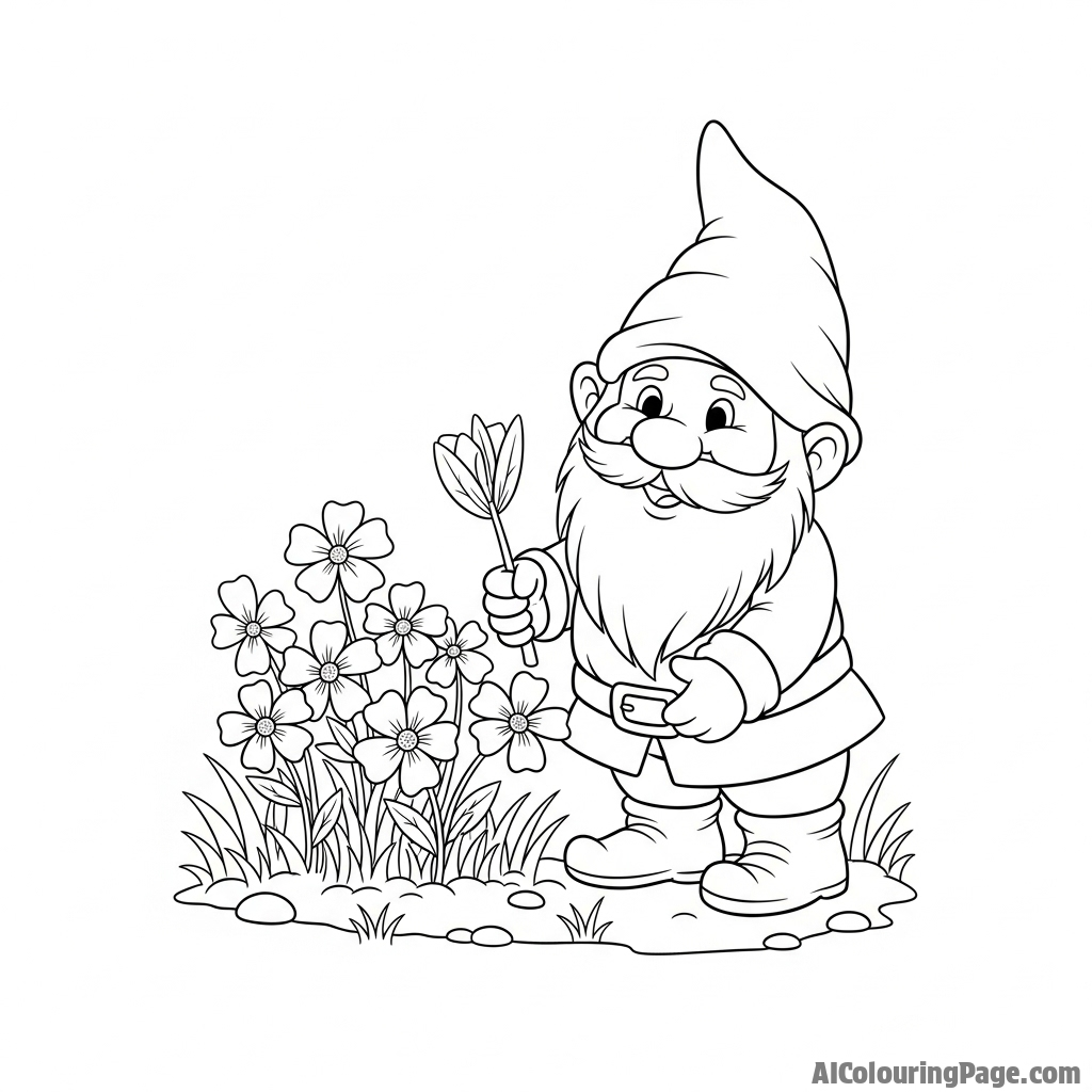 Garden gnome tending to a small flower patch.