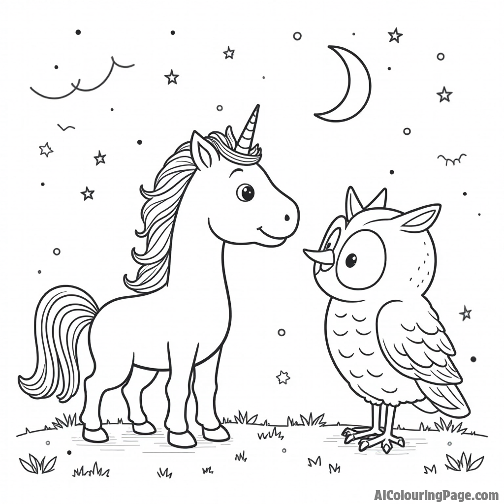 A unicorn and a wise owl sharing secrets on a moonlit night, creating a magical and serene coloring experience for kids.