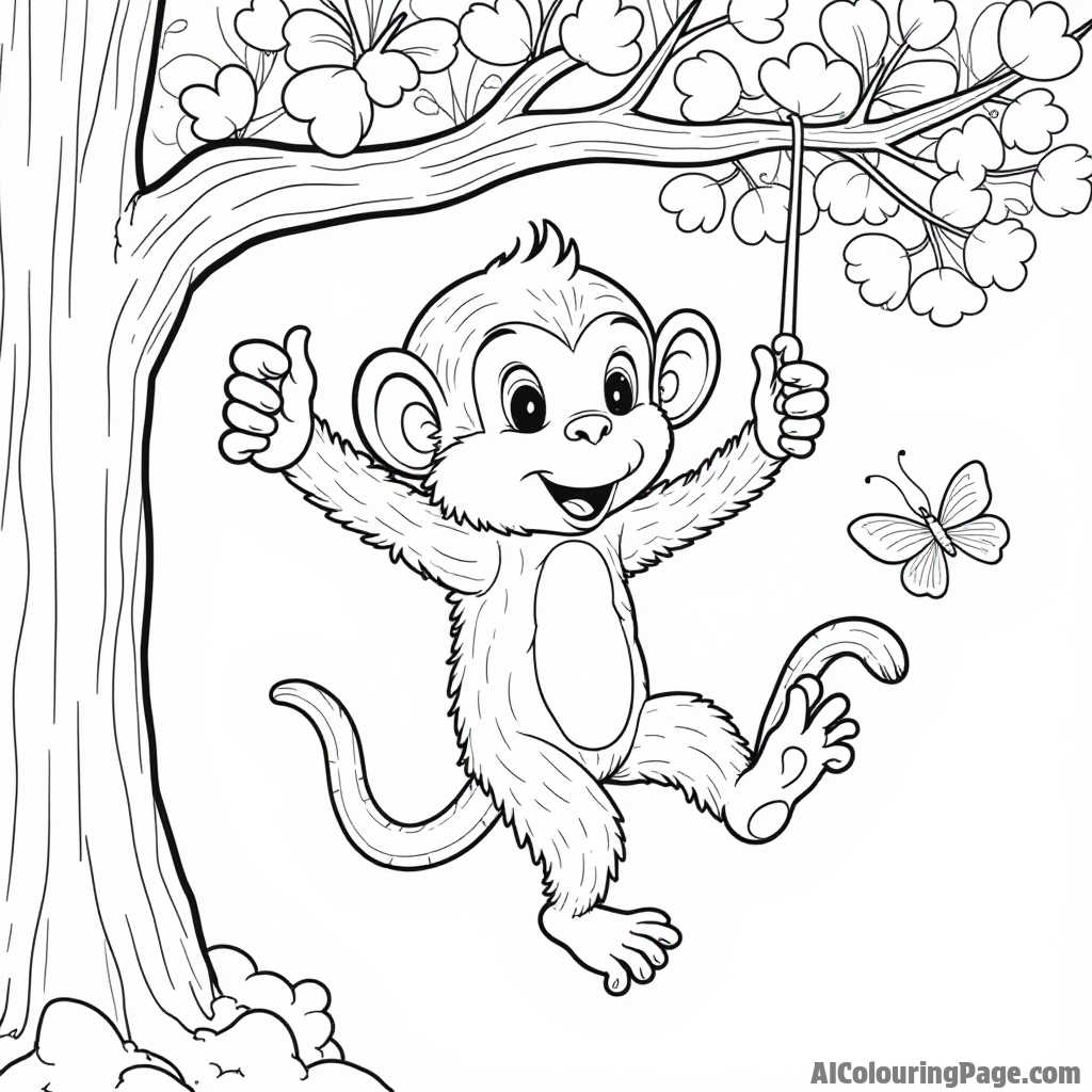 A playful monkey swinging on a shamrock tree branch, with a curious expression and butterflies fluttering around.