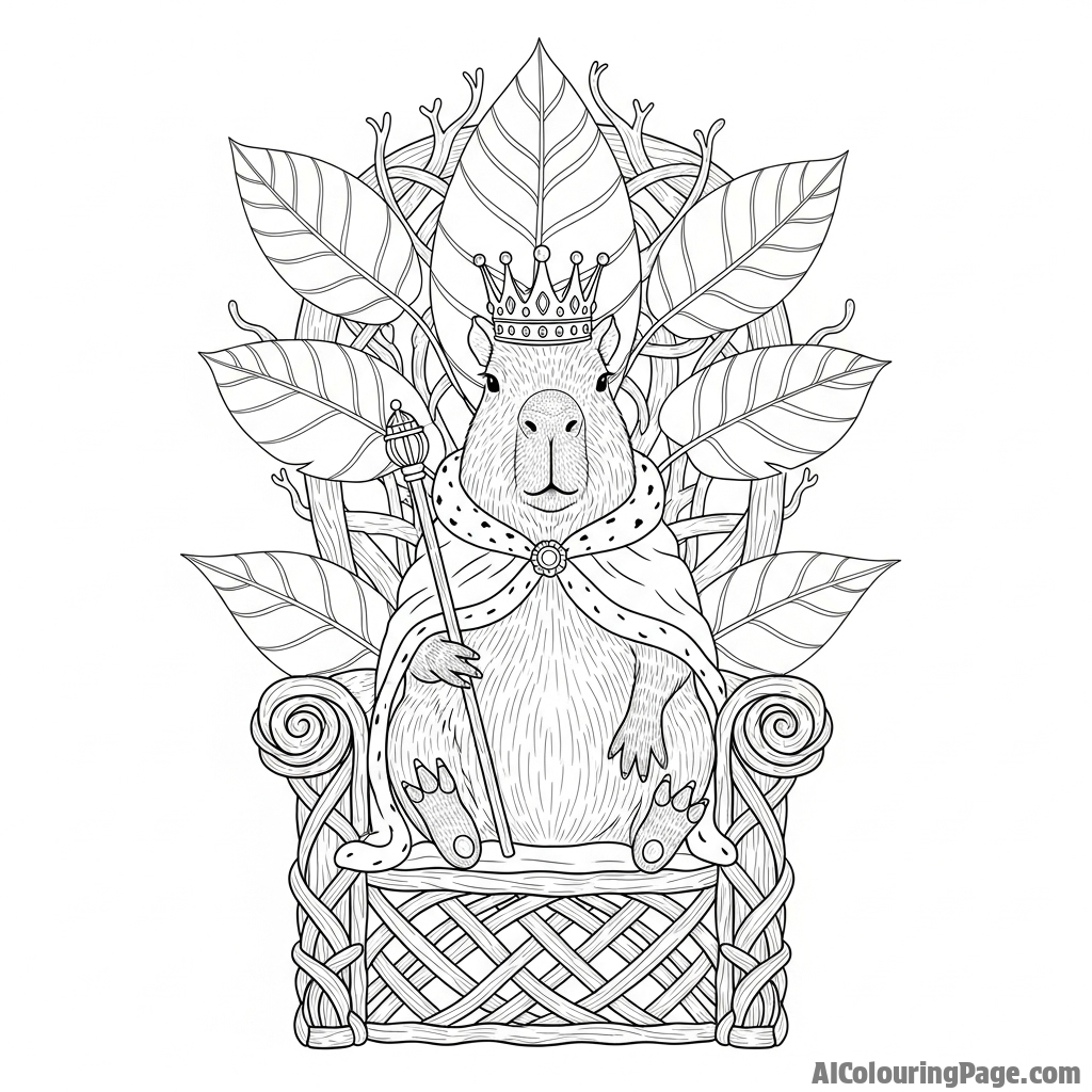 A capybara king sitting on a throne made of twigs and leaves.