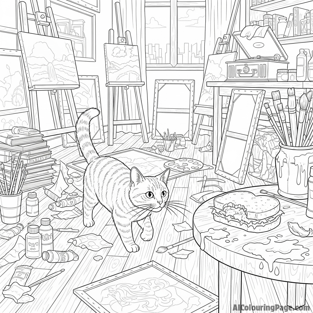 A cat navigating a cluttered artist's studio.