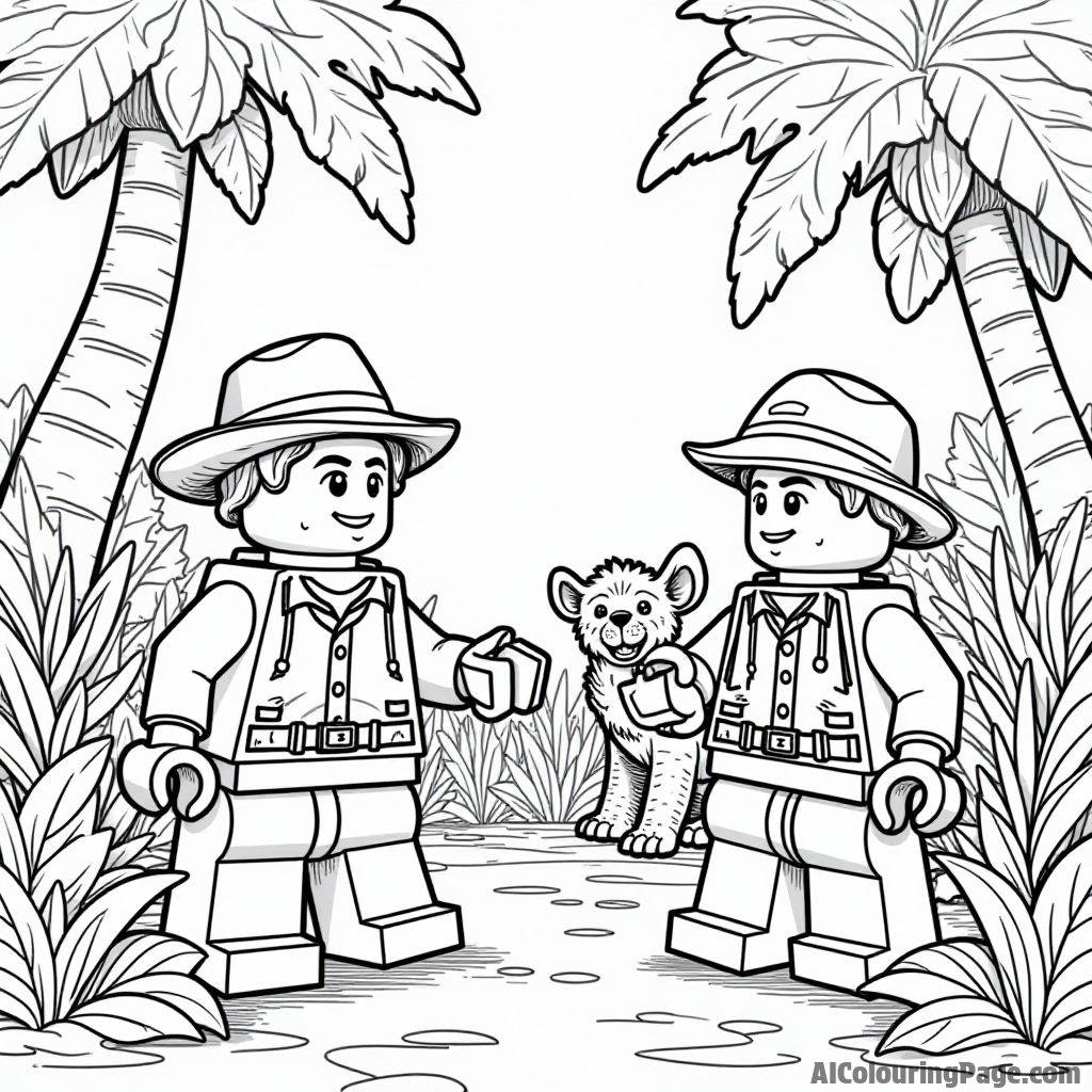 A LEGO jungle exploration scene with explorers, a treasure map, and exotic animals peeking through the bushes.