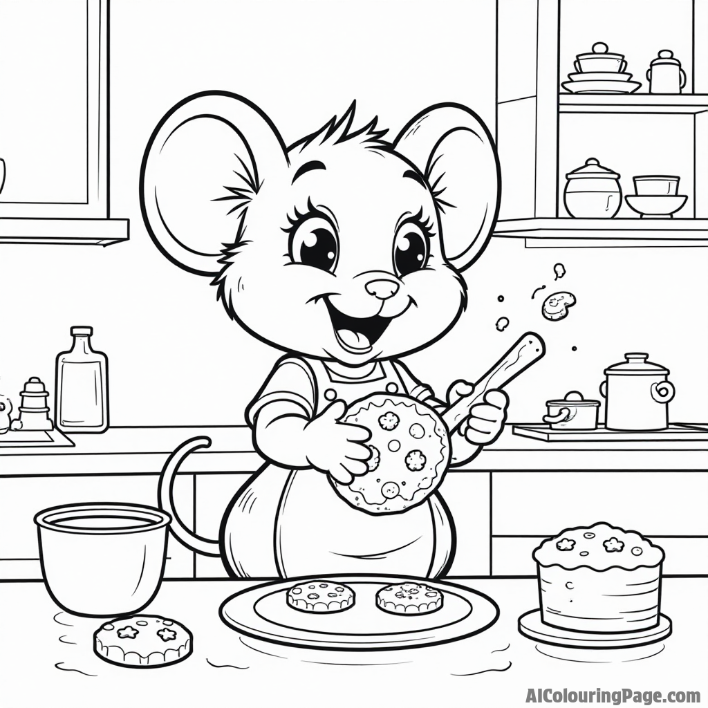 A cartoon mouse baking cookies in a tiny kitchen, with cookie dough flying everywhere and a big smile on its face.