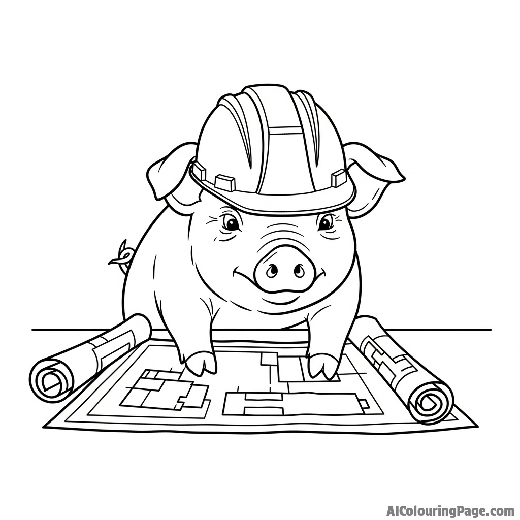 A pig wearing a construction worker's hard hat, looking determinedly at blueprints.