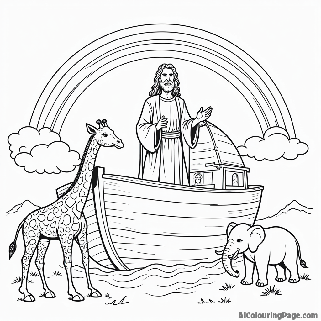 Noah standing on the ark with a rainbow overhead, surrounded by two giraffes and two elephants in the background.