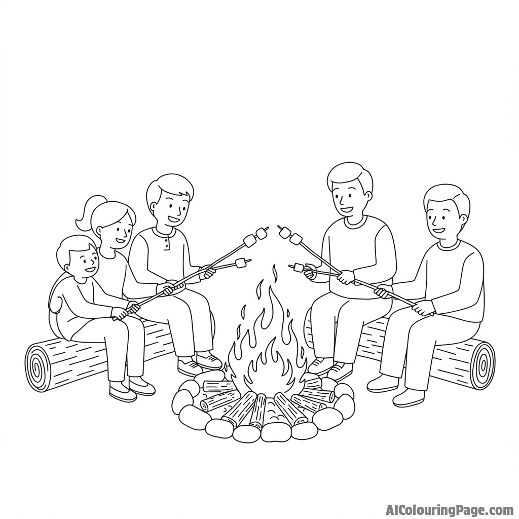 Families roasting marshmallows over a bonfire, shared experience.