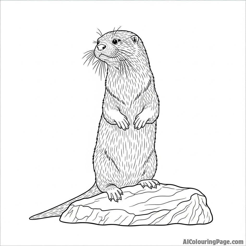 Low-angle view of an otter standing on its hind legs on a rock, alert.
