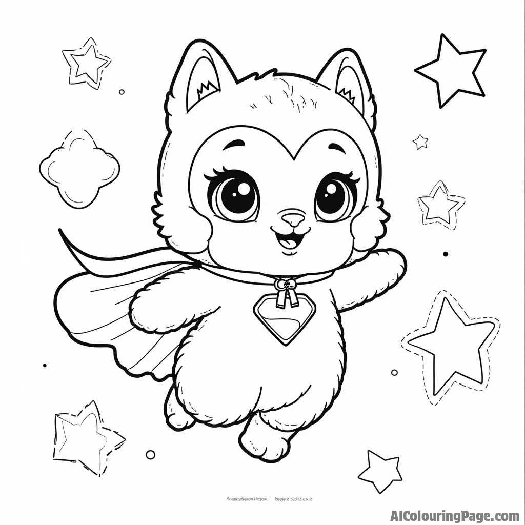 A Hatchimal dressed as a superhero, flying through the sky with a cape and stars, providing a heroic coloring adventure for kids in this Toys and Games Coloring Pages theme.