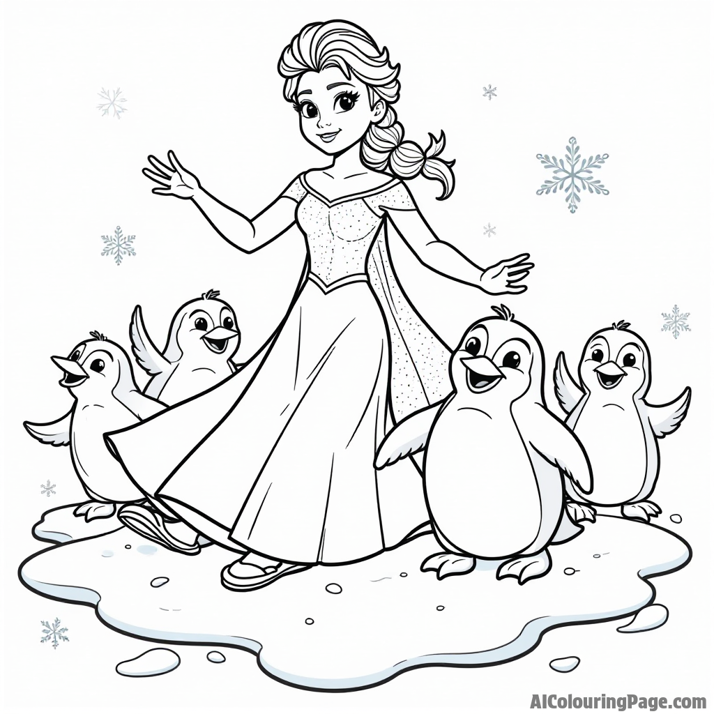 Elsa with a group of cheerful penguins sliding on ice