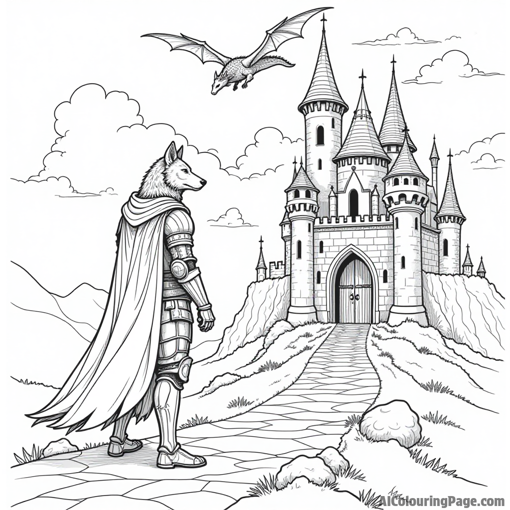 A werewolf knight in shining armor standing guard at the entrance of a mystical castle with a dragon flying above.