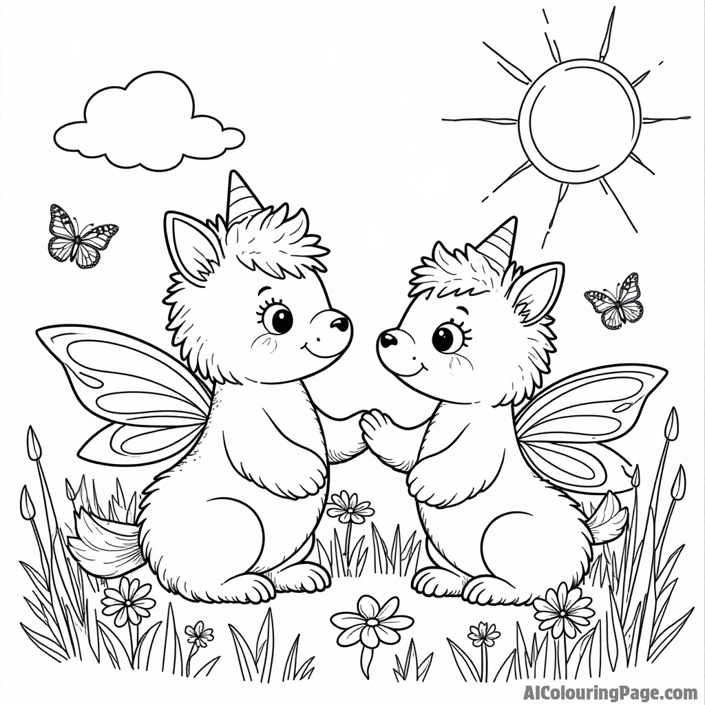 Two magical creatures playing in a meadow filled with flowers and butterflies, under a bright sun and blue sky.