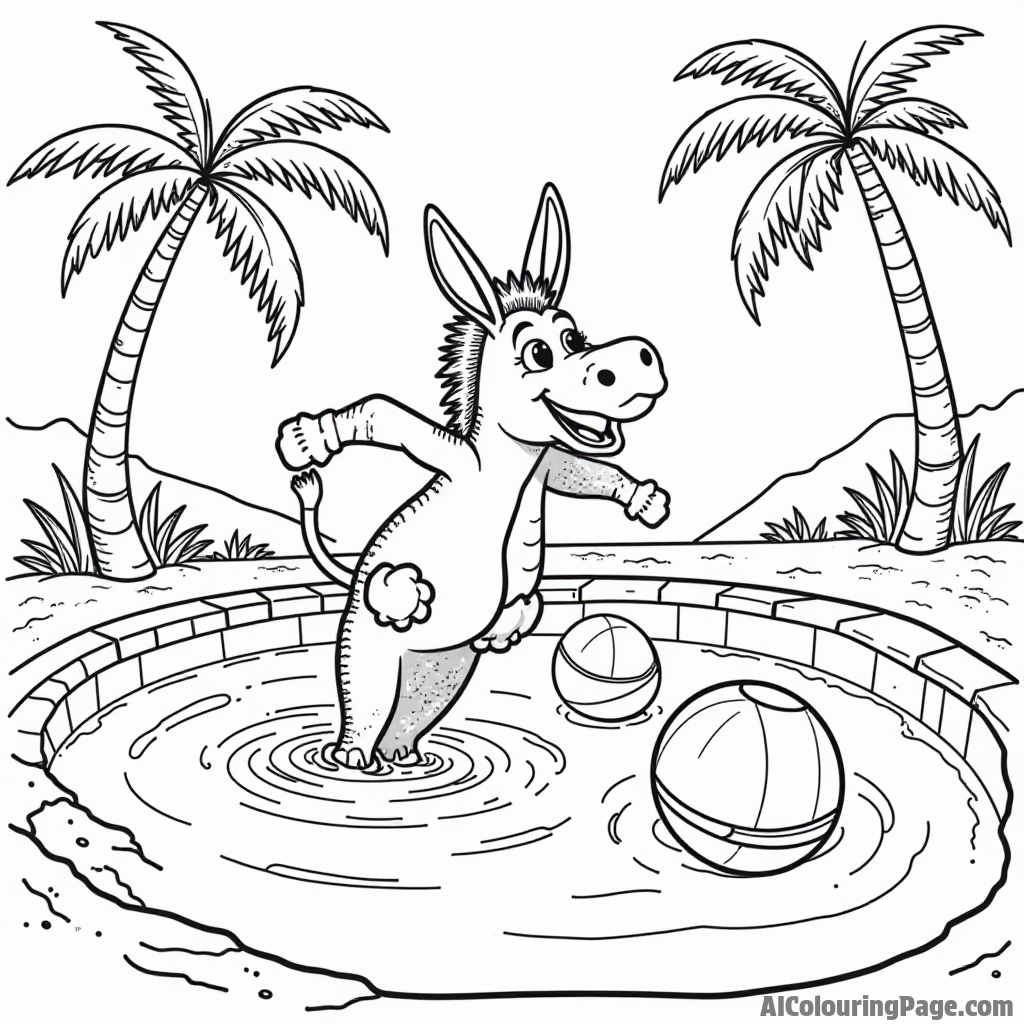 A donkey diving into a pool, making a big splash, with palm trees and beach balls floating in the water