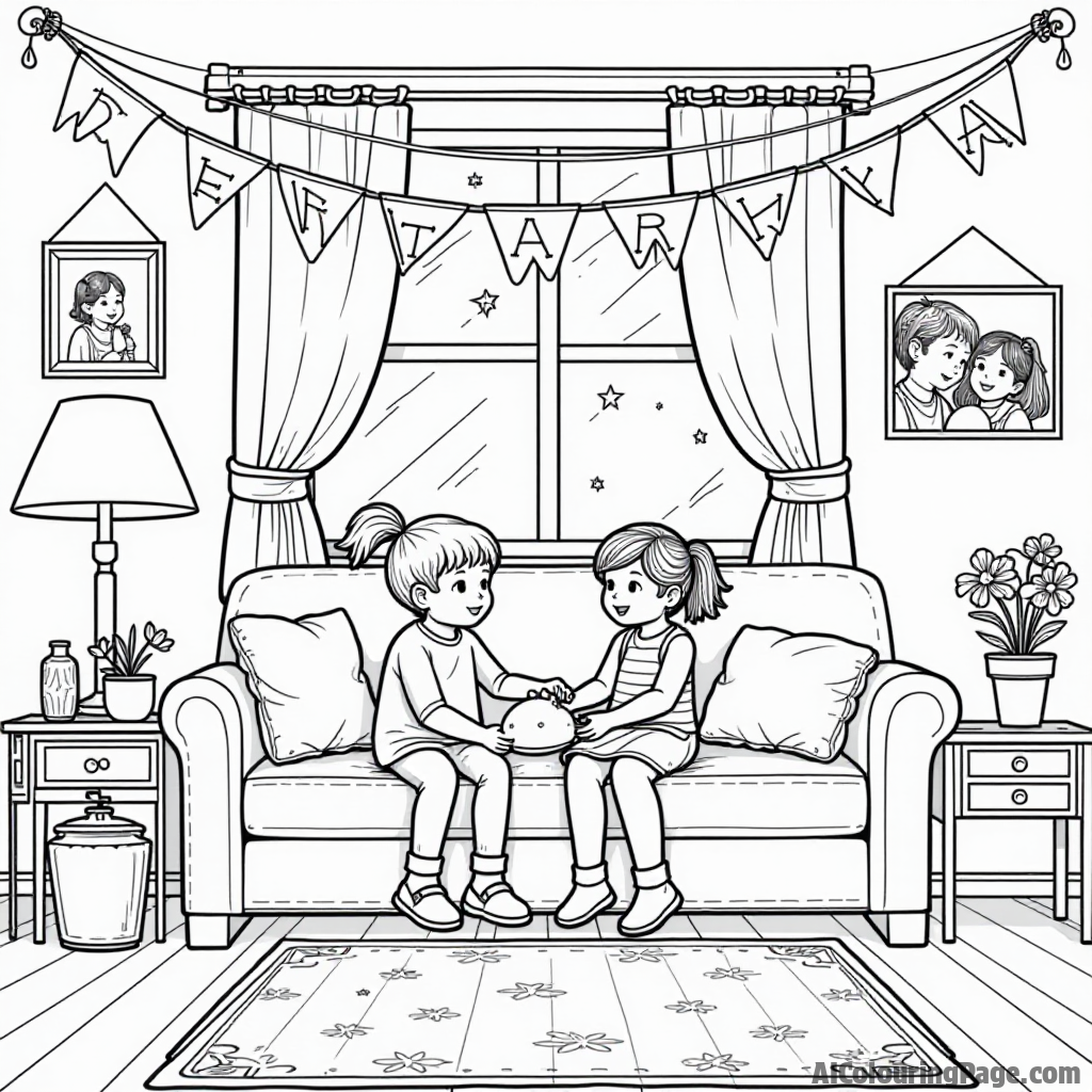 A cozy living room decorated for the New Year with red banners, flowers, and family photos, emphasizing the importance of home and family during the celebrations for children to color.