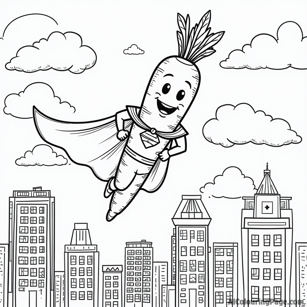 A friendly carrot superhero soaring through the clouds, wearing a cape, with a cityscape filled with vegetable buildings below.