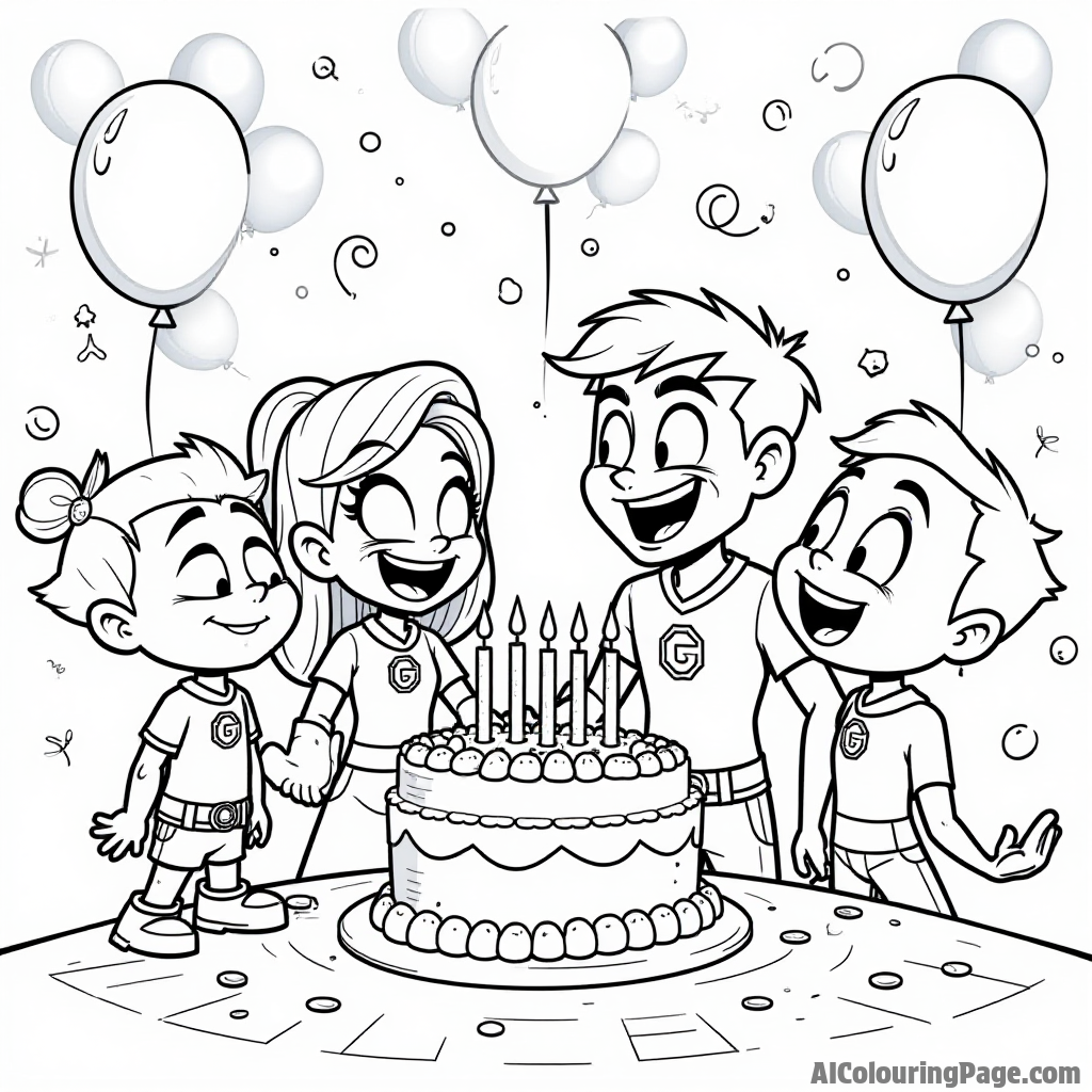 Teen Titans celebrating a birthday party, balloons everywhere, a big cake in the center, and everyone smiling joyfully around.