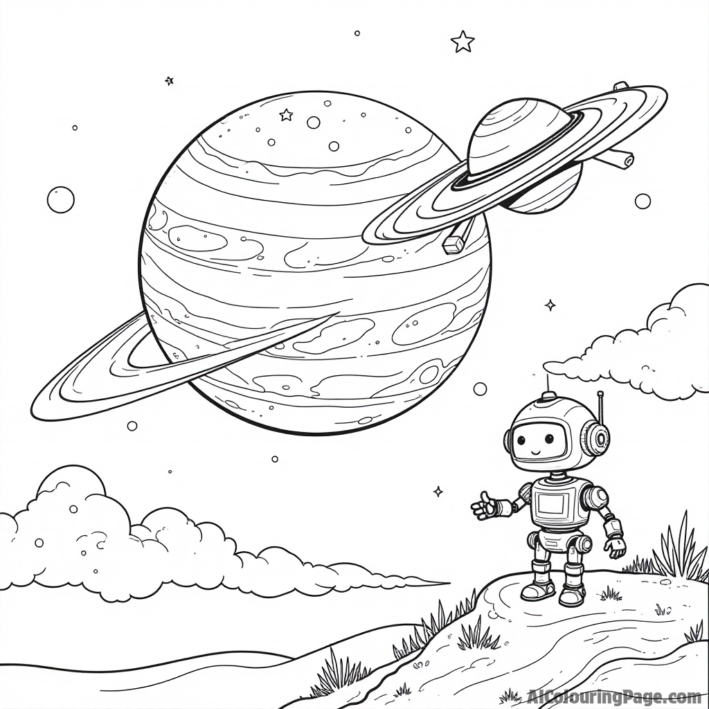 A delightful scene of Jupiter with swirling clouds, a spaceship flying nearby, and a friendly robot waving from the surface.