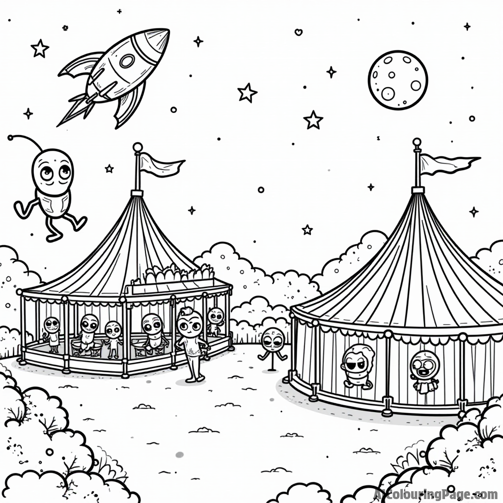 A space-themed carnival with aliens enjoying rides and games under a starry night sky, sparking joy and creativity.