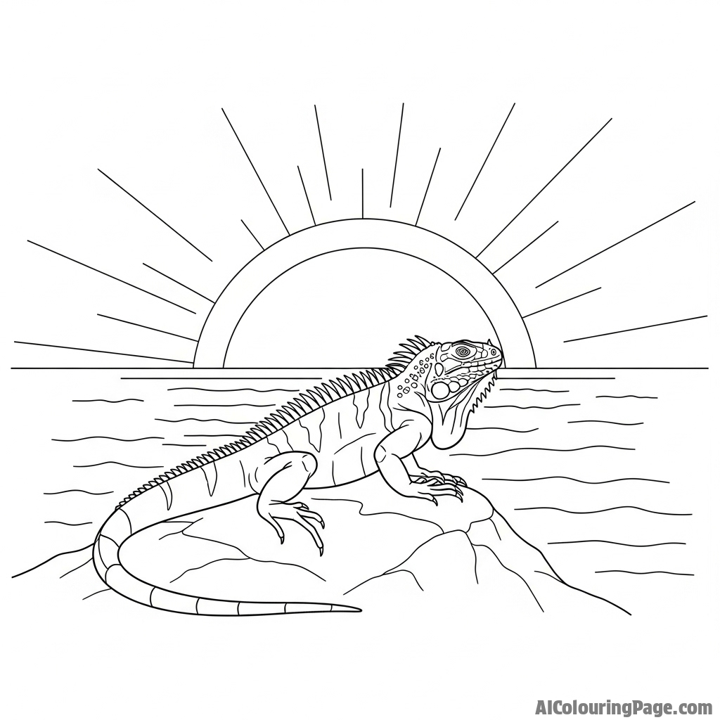 An iguana silhouetted against a setting sun over the ocean.
