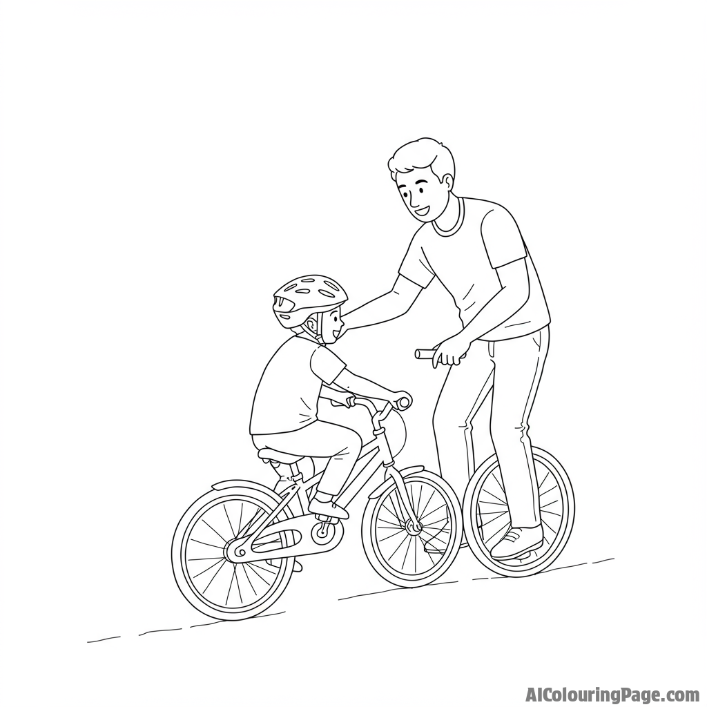 Father teaching their child to ride a bicycle.