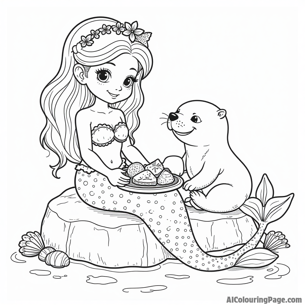 A charming scene of a mermaid and a sea otter enjoying a picnic on a rock, with seashells around.