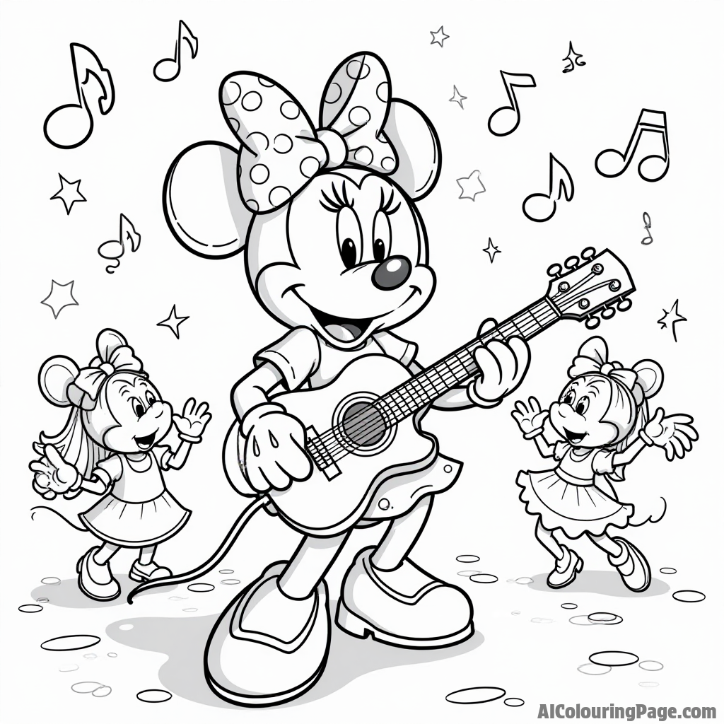 Minnie Mouse at a music festival, playing a guitar, surrounded by musical notes and friends dancing joyfully around her