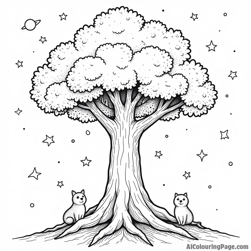 A wise tree character standing tall with stars surrounding it, while small creatures play around its roots in space.