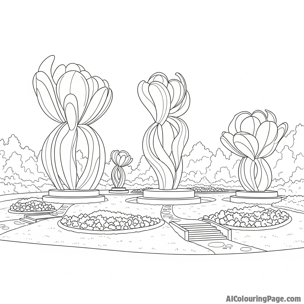 Sculpture garden featuring floral-inspired abstract forms.