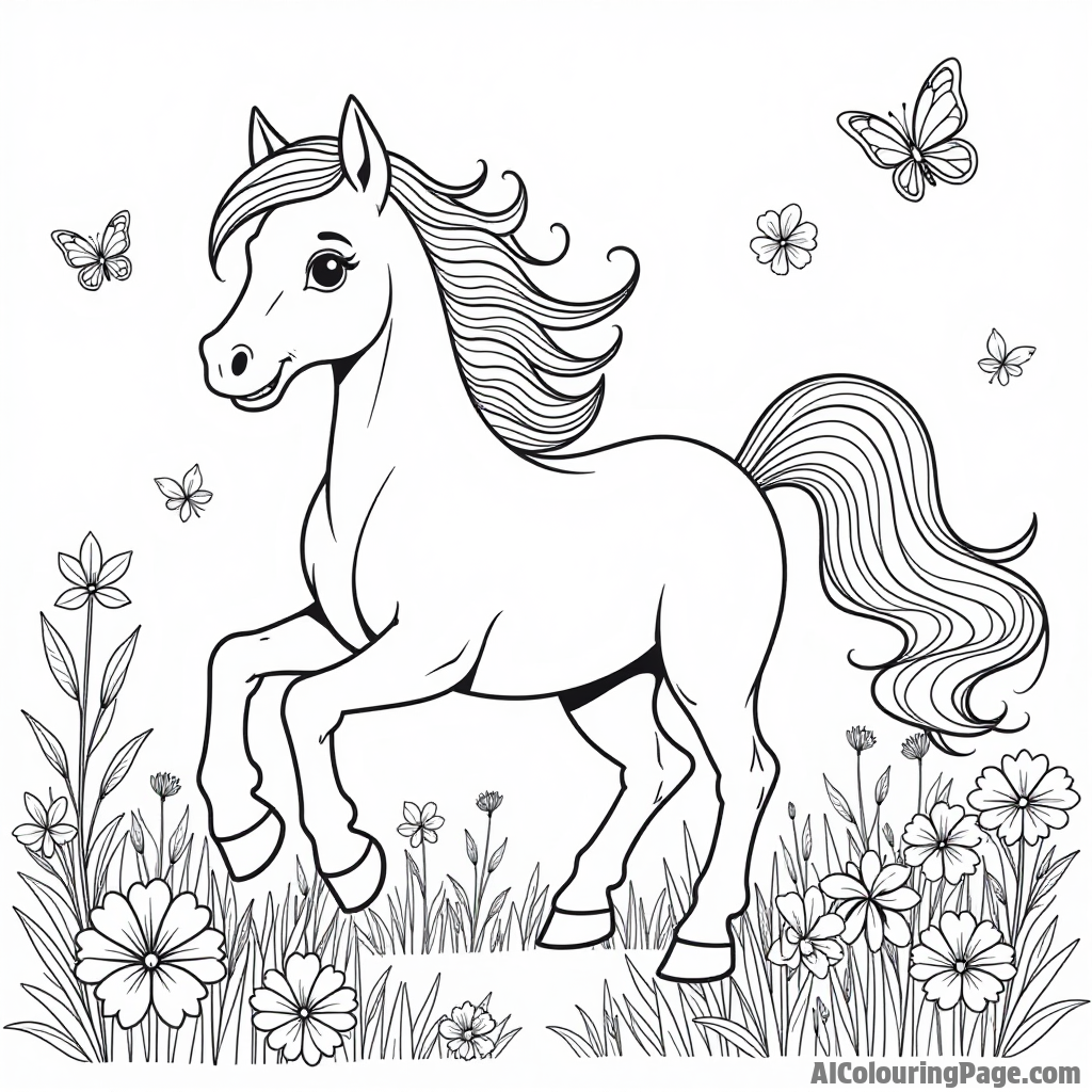 A magical pony prancing through a field of flowers with butterflies fluttering around its colorful mane and tail.