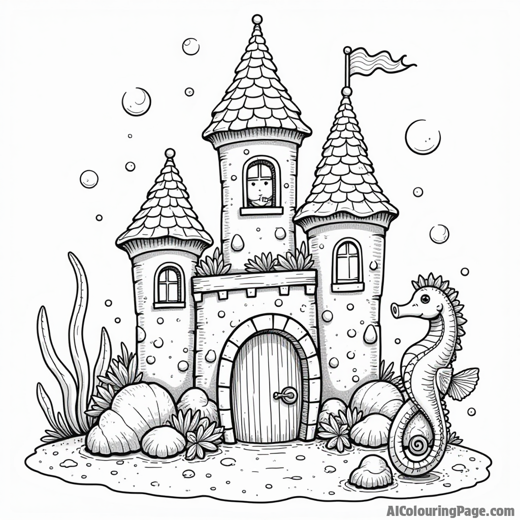 A whimsical underwater castle made of shells, with a mermaid peeking out and a seahorse floating nearby.