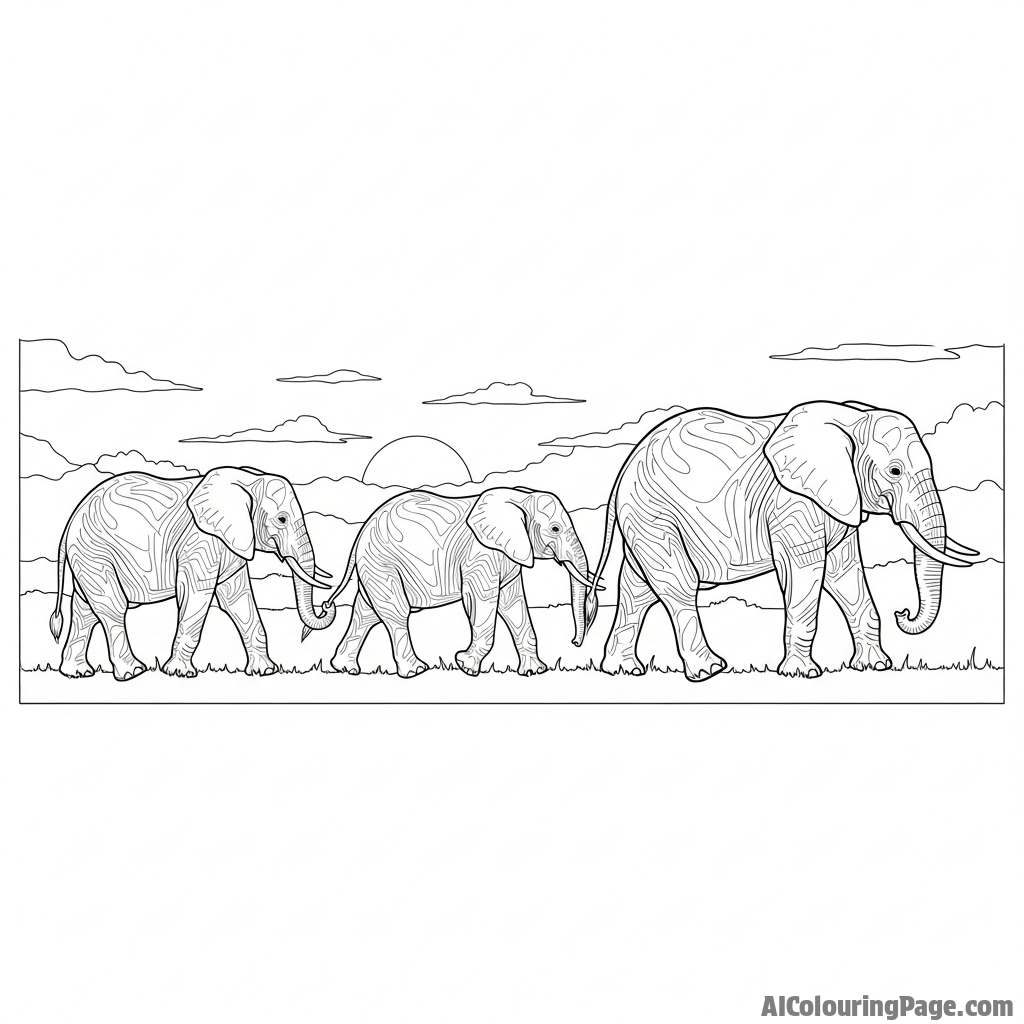 A family of elephants walking in a line, trunks holding tails, silhouetted against the setting sun