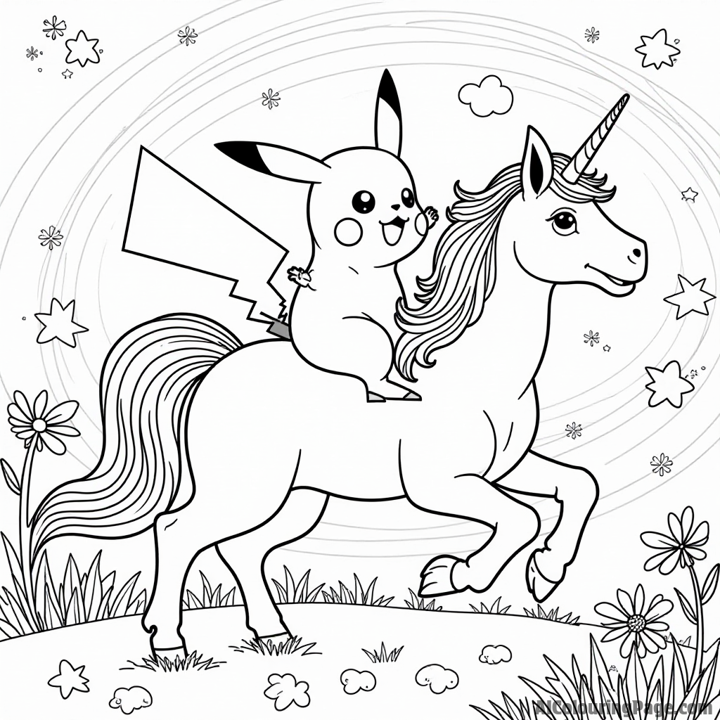 Pikachu riding a unicorn through a magical landscape filled with sparkles and rainbows