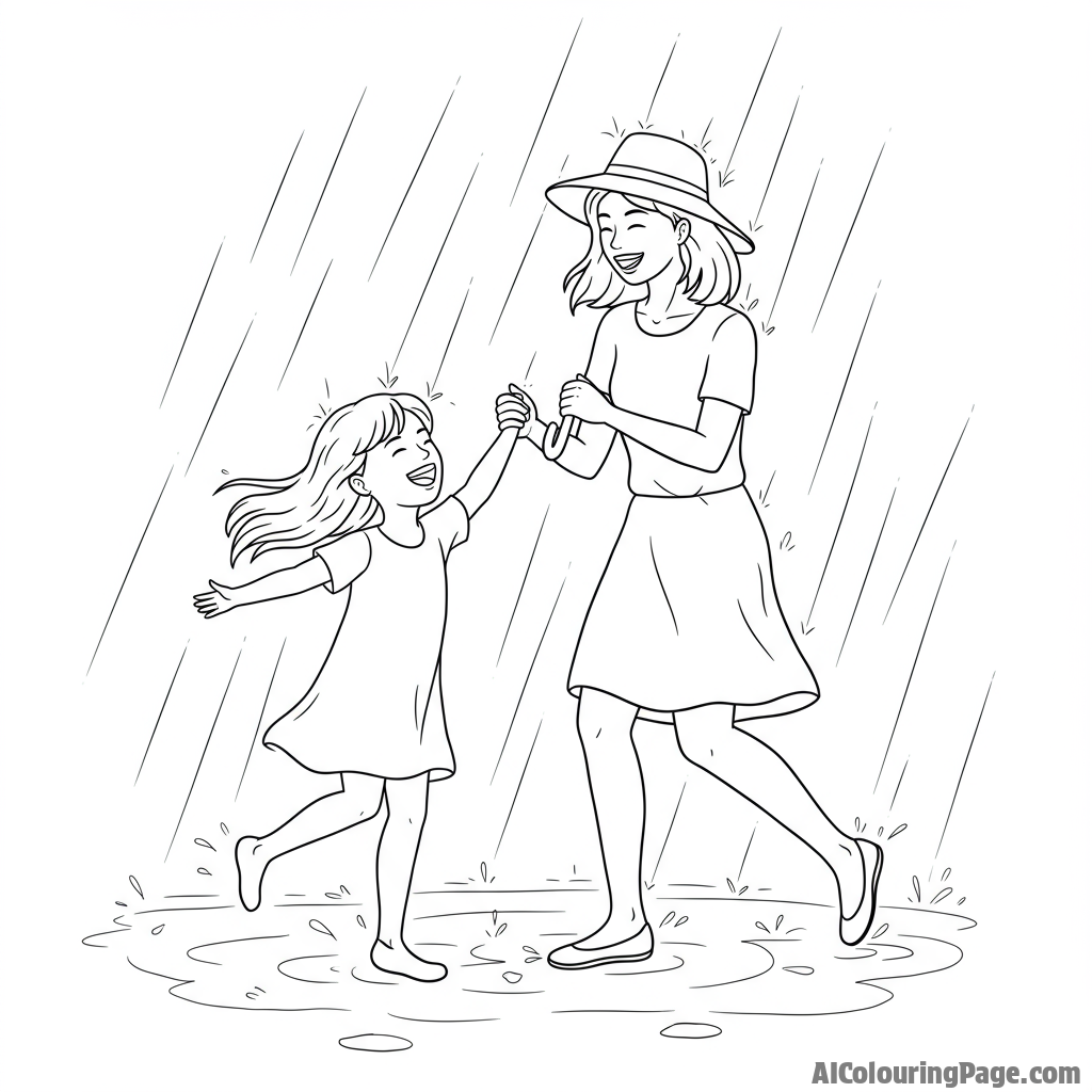 A mother and daughter dancing in the rain, laughing and carefree.