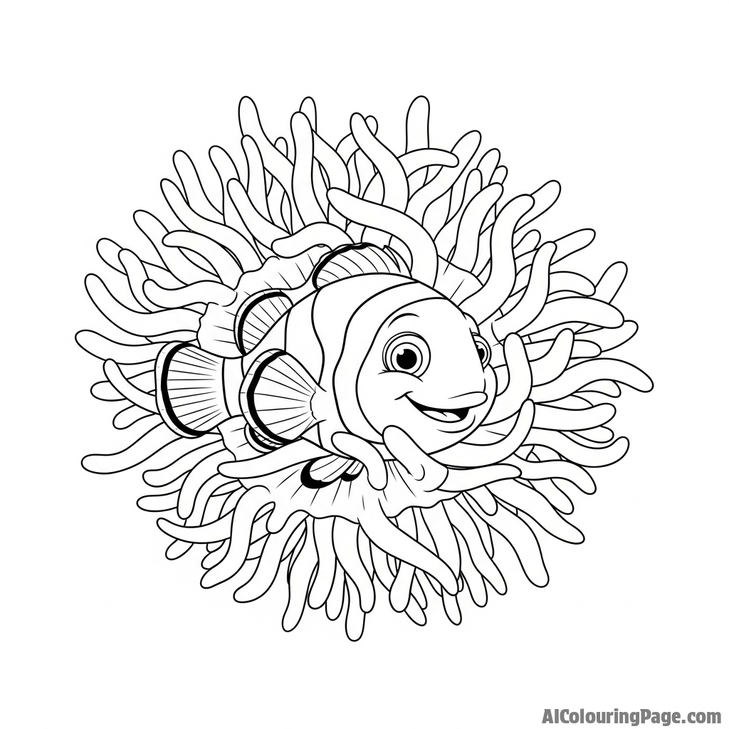 A clownfish peeking out from the tentacles of a sea anemone.