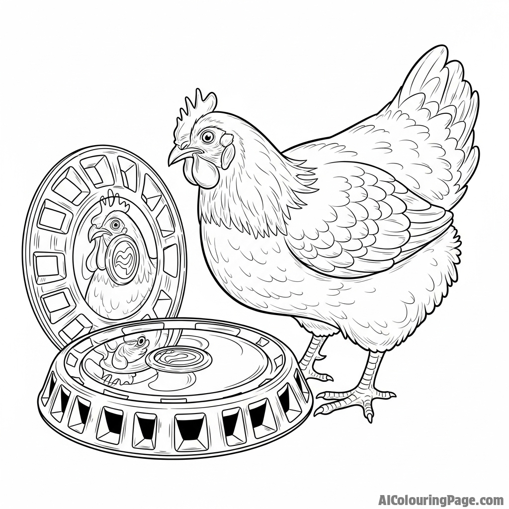 A chicken looking at its reflection in a shiny hubcap.
