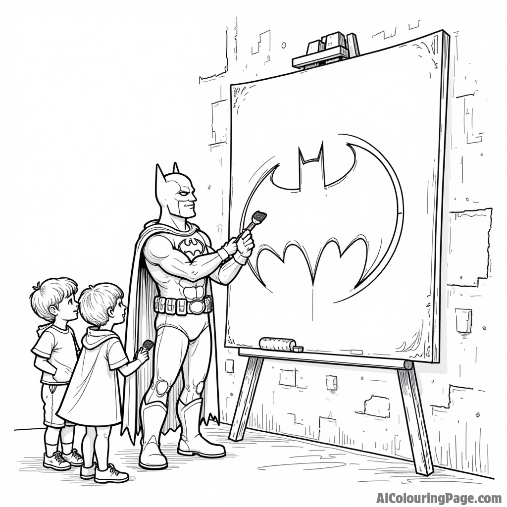 Batman in a superhero costume painting a giant mural on a wall, surrounded by kids holding paintbrushes and smiles.