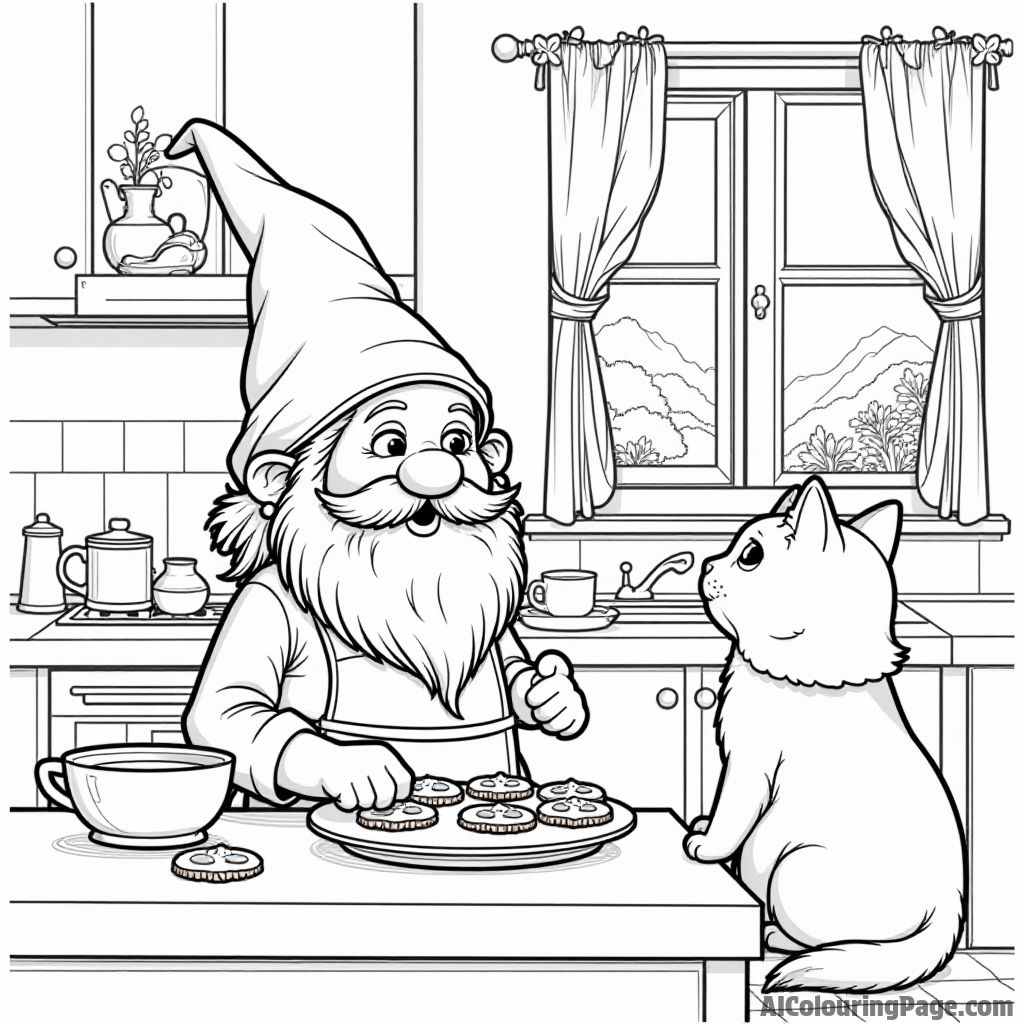 A gnome baking cookies in a cozy kitchen with a cat watching eagerly and a window showing a beautiful landscape.