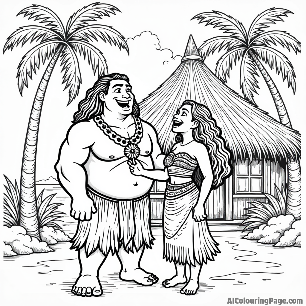 Maui and Moana laughing together in front of a traditional Polynesian hut with palm trees swaying gently.