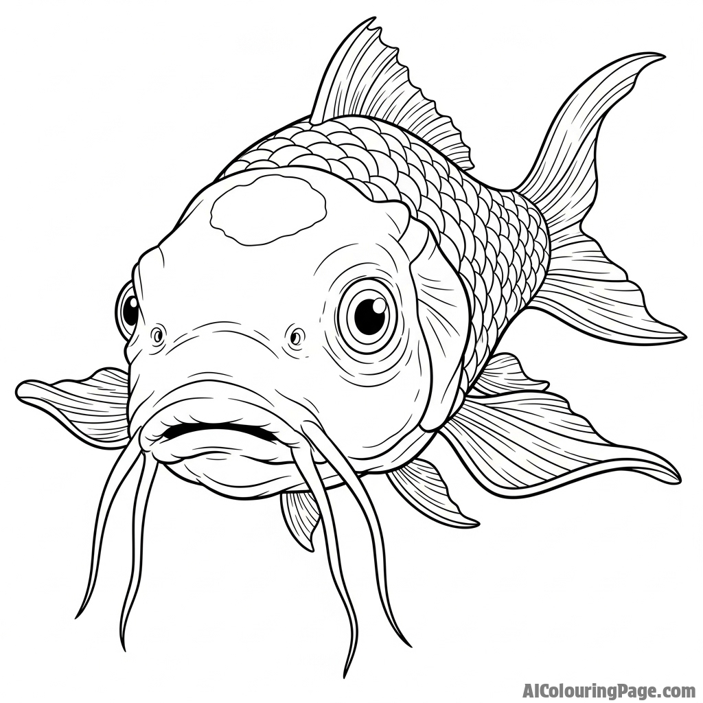 A close-up portrait of a wise, ancient koi, its long barbels trailing in the water.
