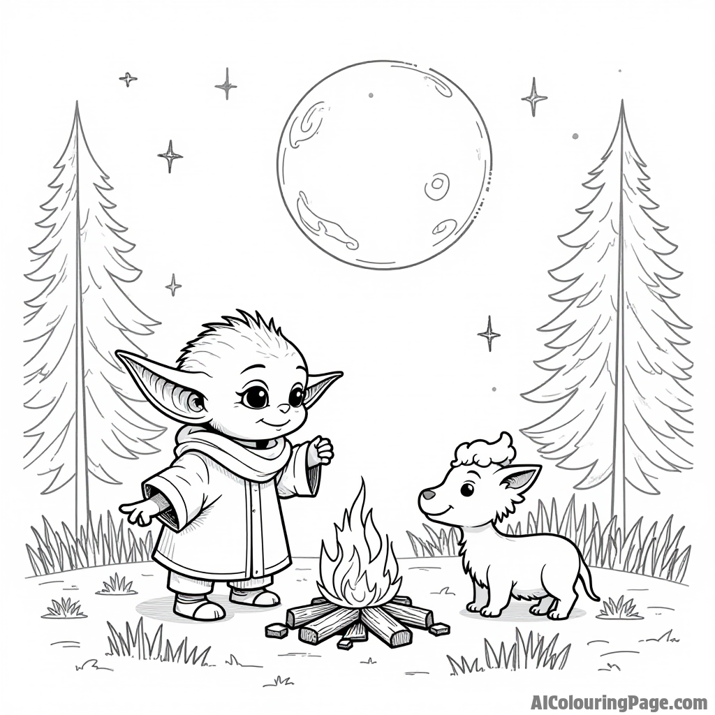 Baby Yoda dancing with tiny animals around a campfire under a full moon