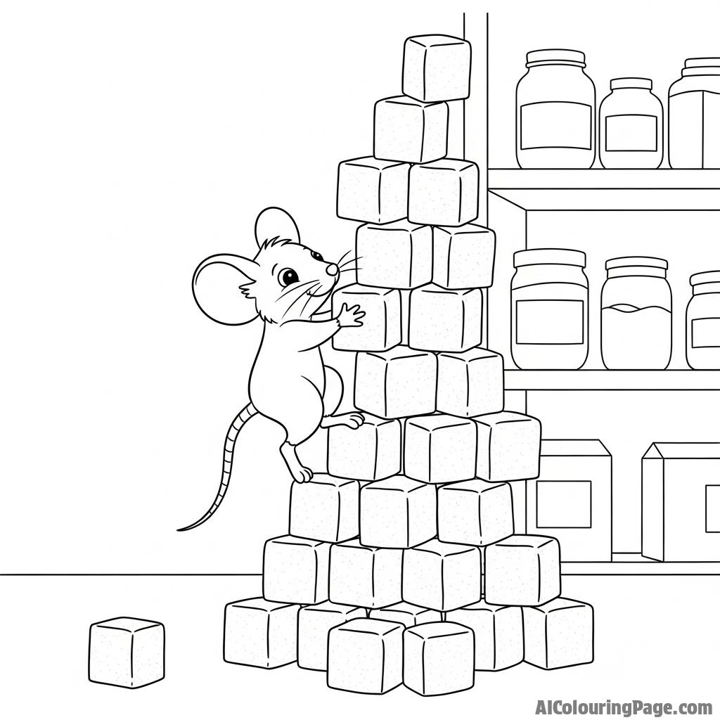 A mouse climbing a towering pile of sugar cubes in a pantry.