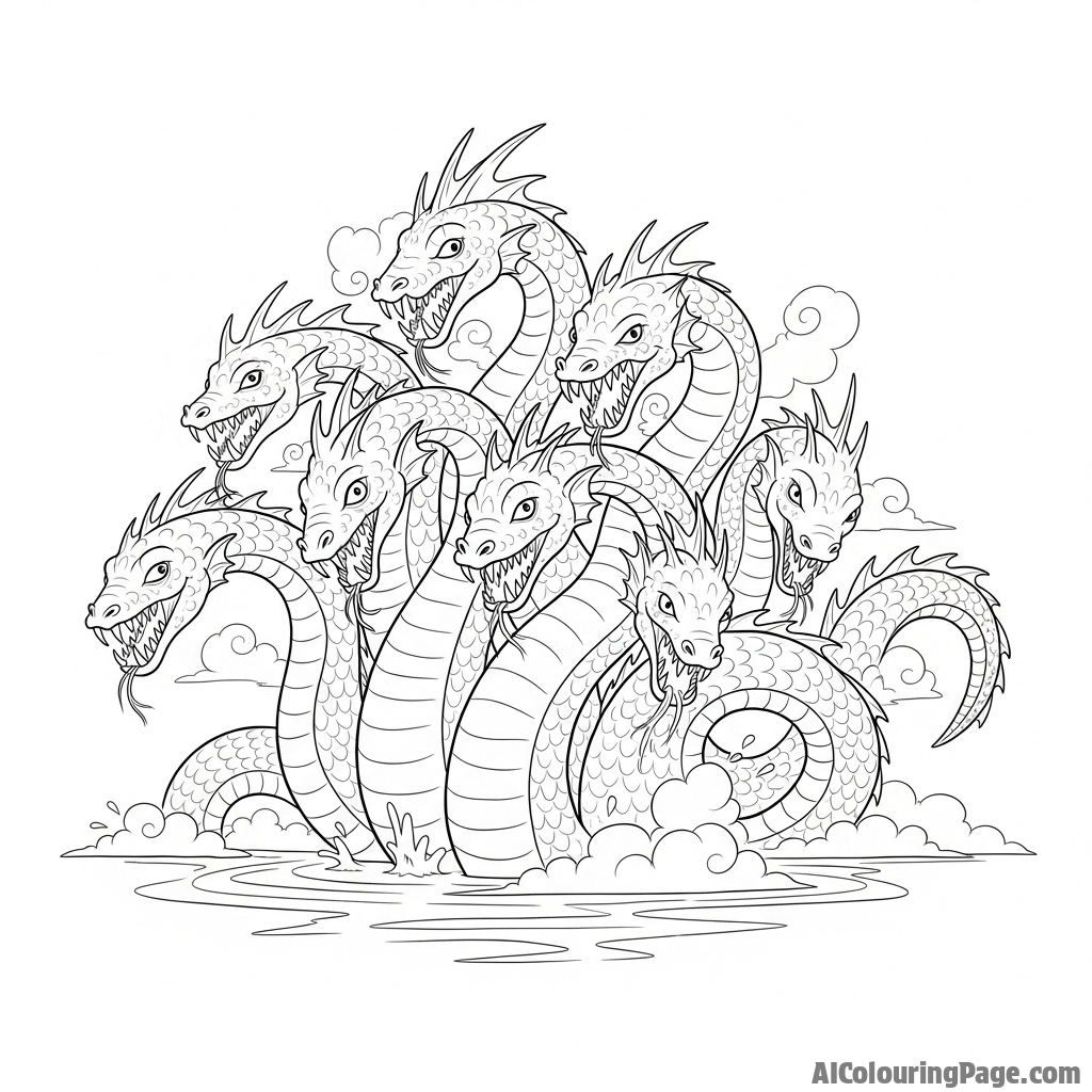 A multi-headed hydra rising from a misty lake, its necks twisting and turning.